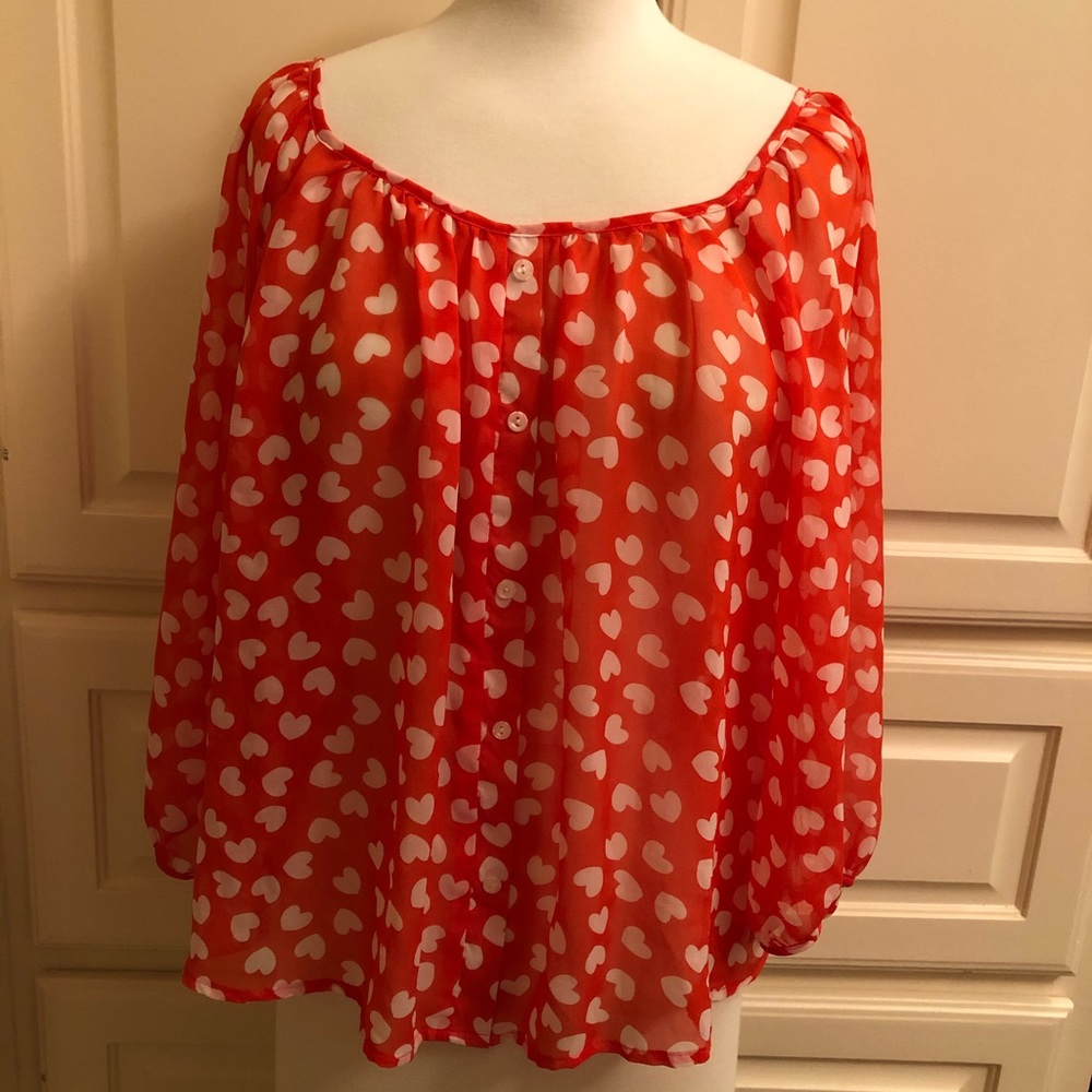FOREVER 21 Orange White Heart Blouse- Small